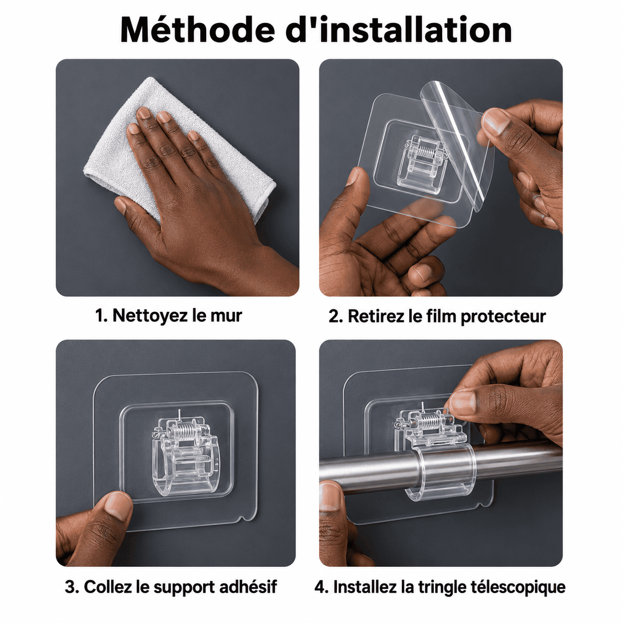 Supports adhésifs pour tringles de rideaux installés